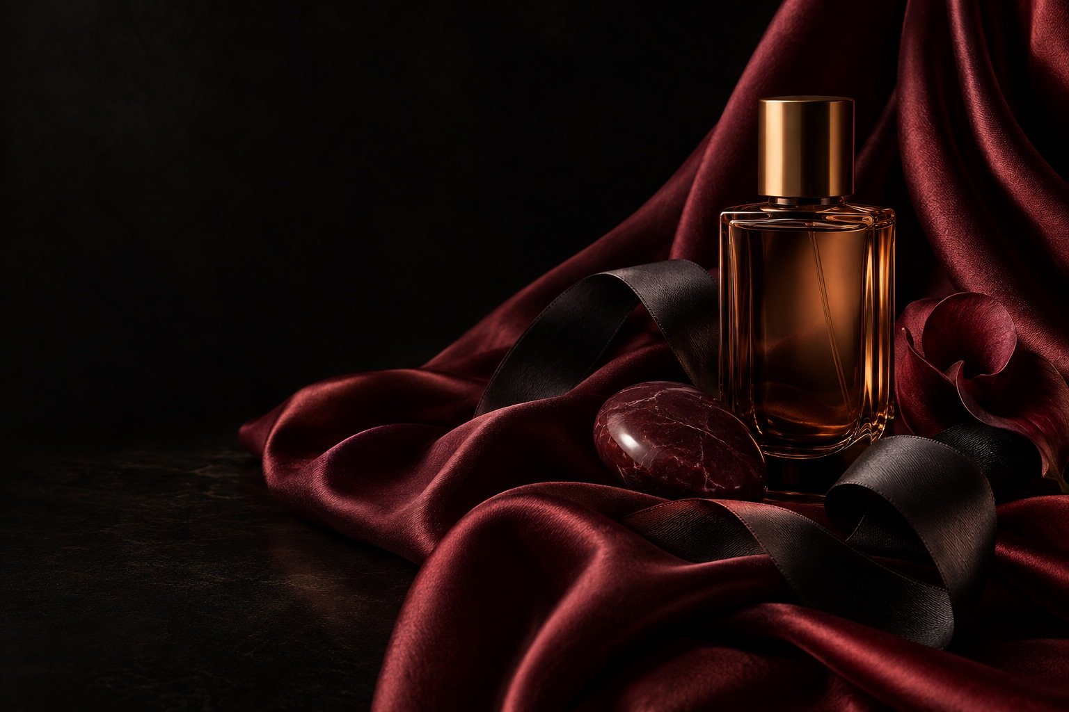Burgundy silk and amber glass, an editorial still life